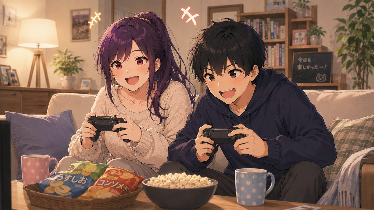 ソファでゲームを楽しむいとこ二人