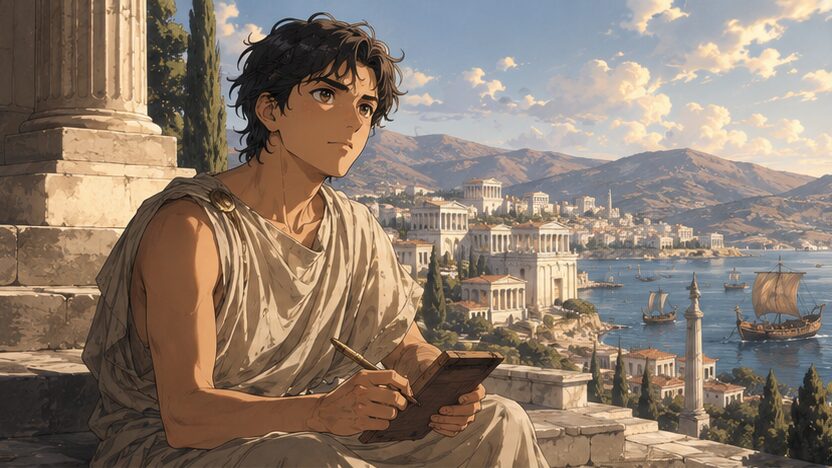 古代ギリシャの都市を見つめる若きエウメネスのイメージ
