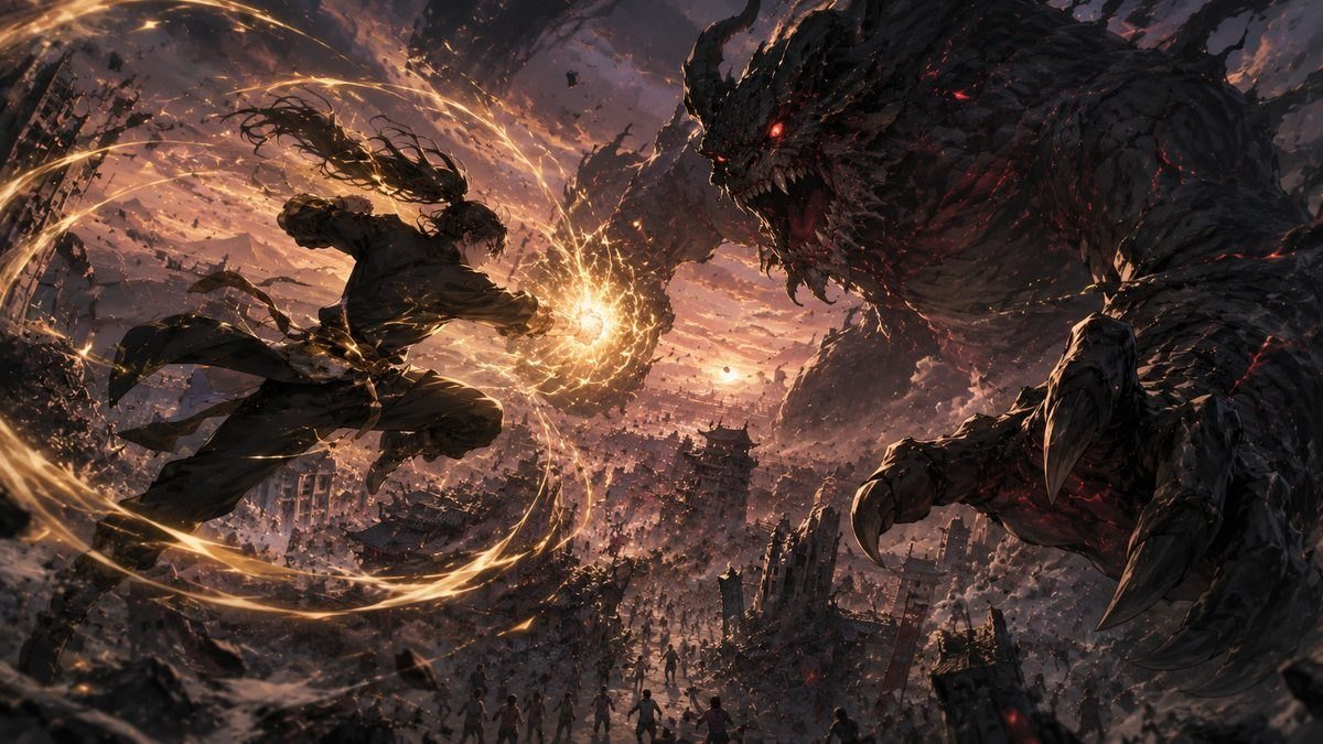 巨大な異獣に立ち向かう武術家のイメージイラスト