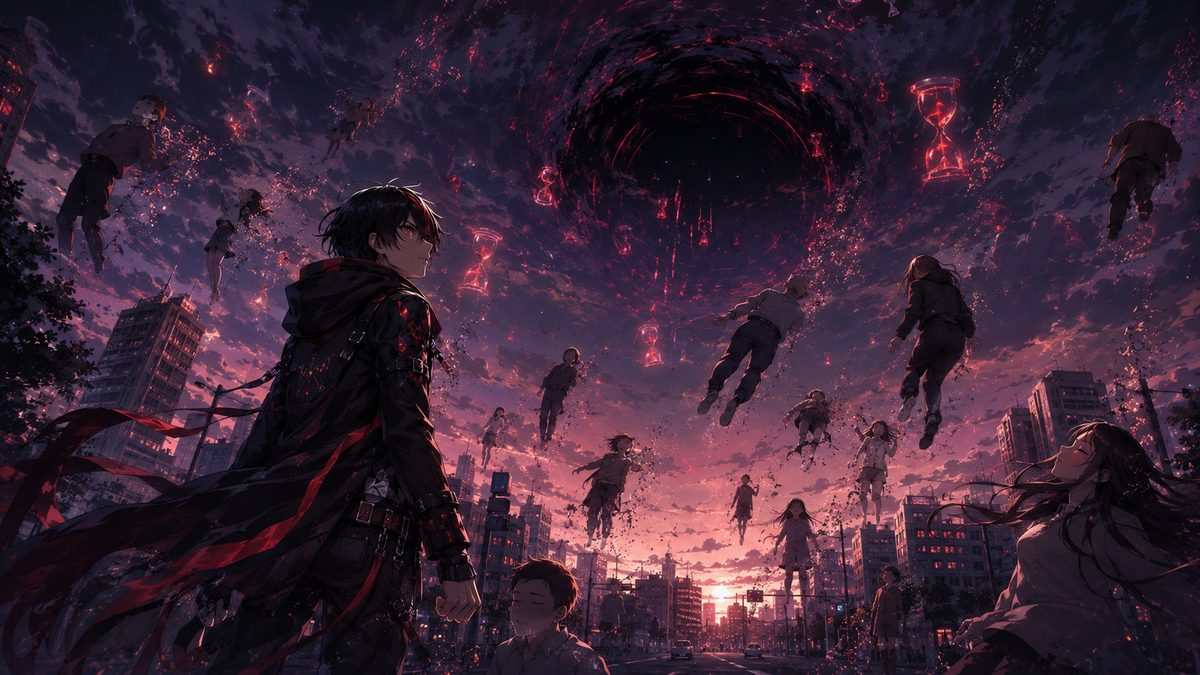 眠る人々がゲーム世界アビスへ吸い込まれていく降臨のイメージイラスト