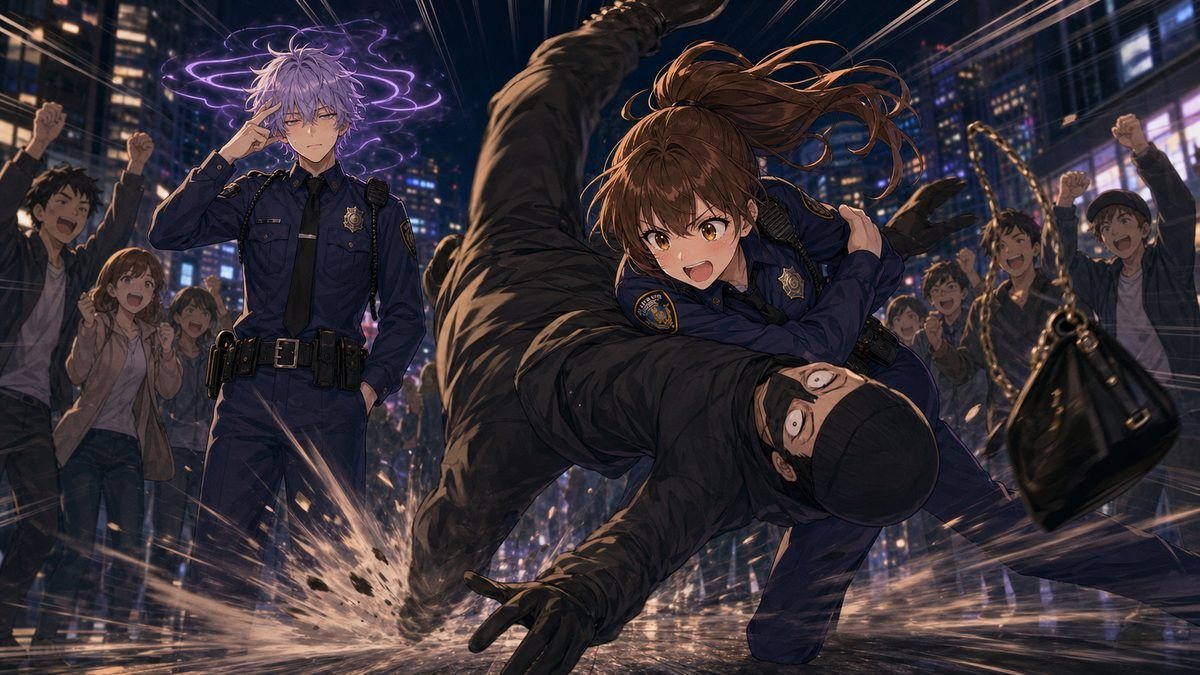 夜の街でひったくり犯を一本背負いする女性警官と見守る先輩のイメージイラスト