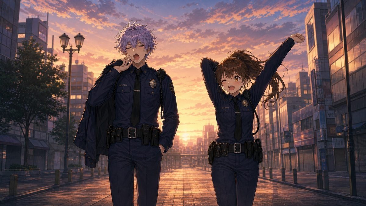 夜勤明けの朝焼けの街を並んで歩く警官バディのイメージイラスト