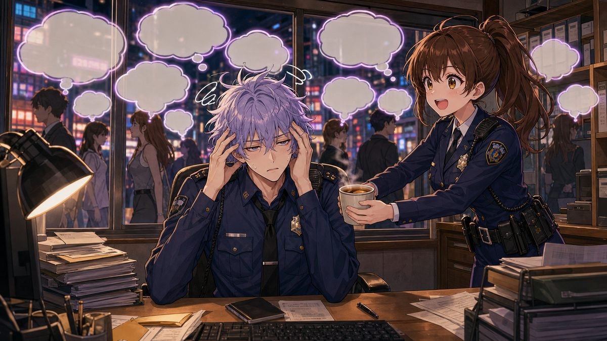 交番のデスクで読心術に疲れる先輩警官と、お茶を差し出す後輩警官のイメージイラスト