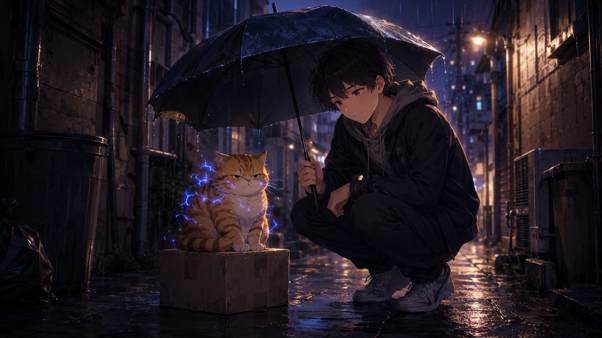 雨の路地裏で電気をまとう猫と出会う少年のイメージイラスト