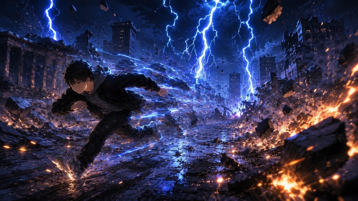 雷が降り注ぐ廃墟で超スピードで駆ける能力者のイメージイラスト