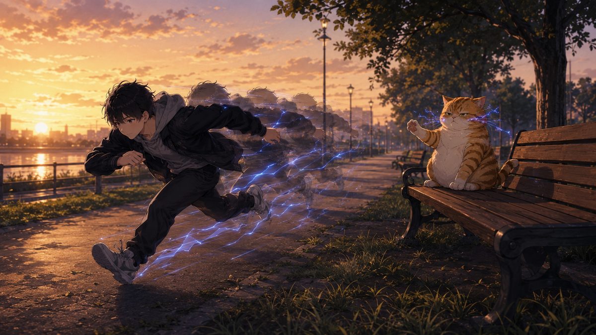 猫の師匠に見守られながら超スピードの特訓をする少年のイメージイラスト
