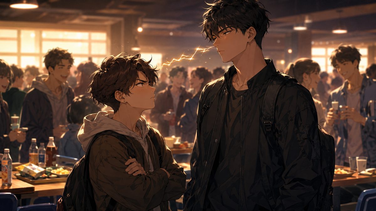新入生歓迎会で火花を散らす2人のイメージイラスト