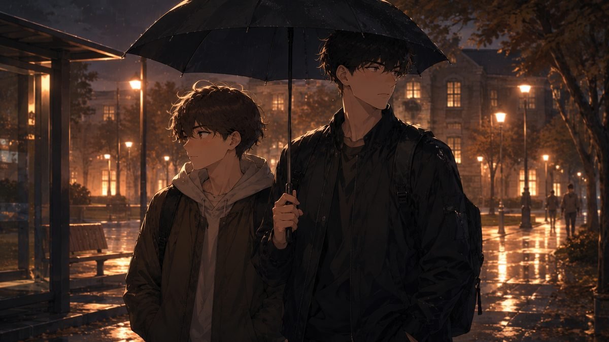 雨のバス停でそっと傘を差し出すイメージイラスト