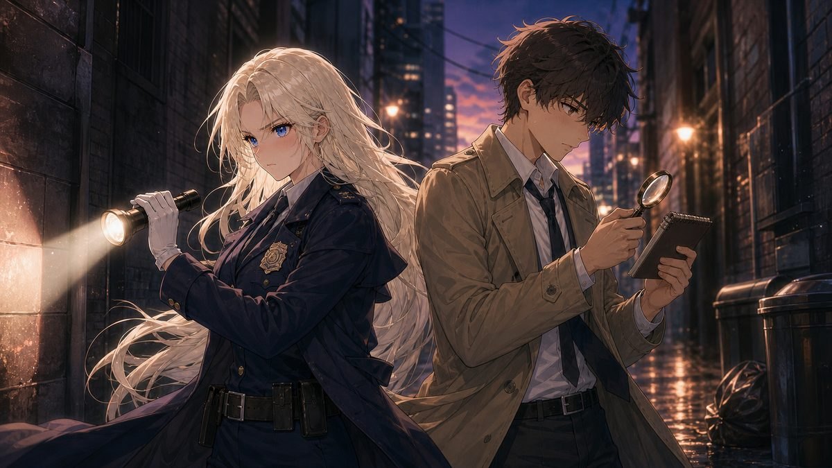夕暮れの路地で背中合わせに捜査する警部と探偵のイメージイラスト
