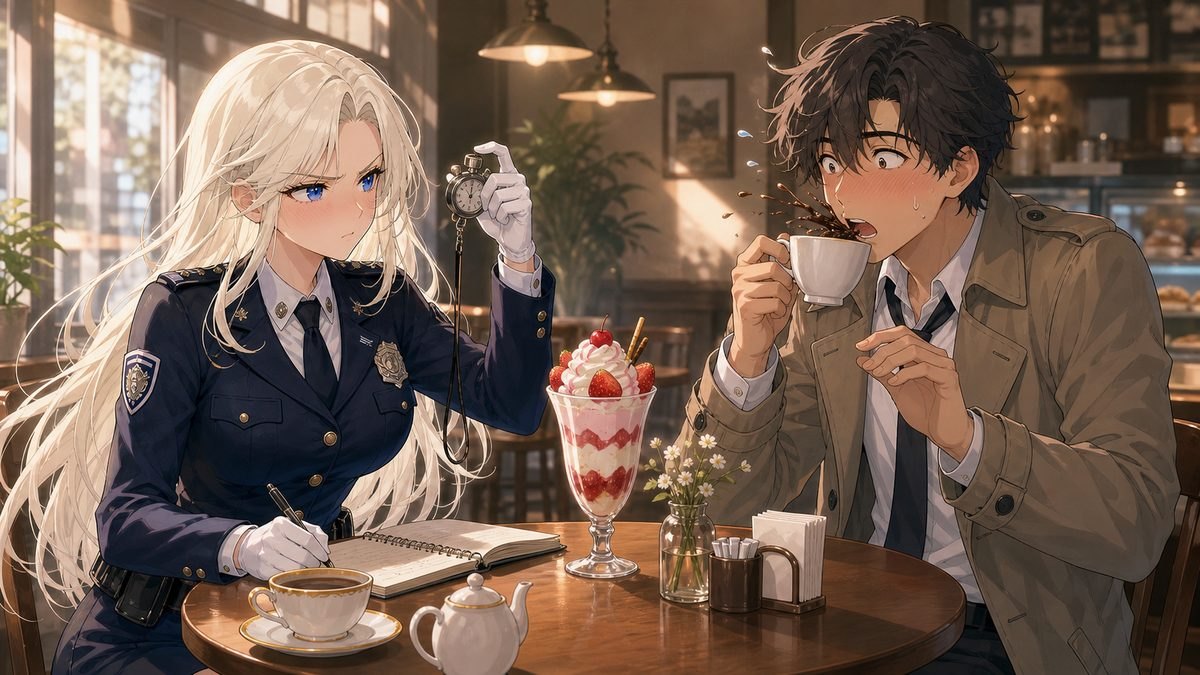 カフェでストップウォッチ片手に実験デートを検証する警部と慌てる探偵のイメージイラスト