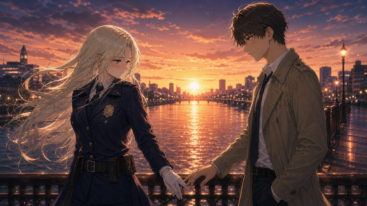夕焼けの橋の上で指先が触れそうになる二人のイメージイラスト