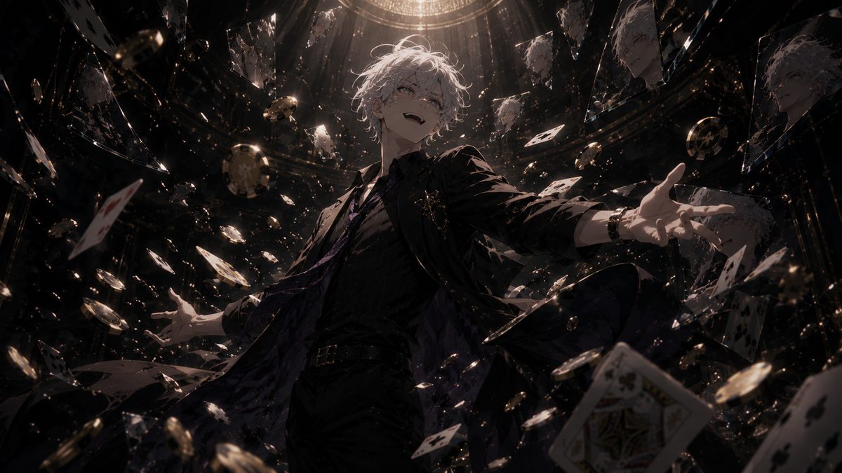 カードとチップが舞い散る中で高笑いするギャンブラーのイメージイラスト