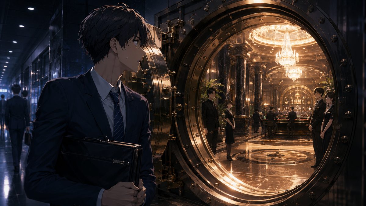 巨大な銀行の金庫扉の奥に広がる地下カジノを覗き込む銀行員のイメージイラスト