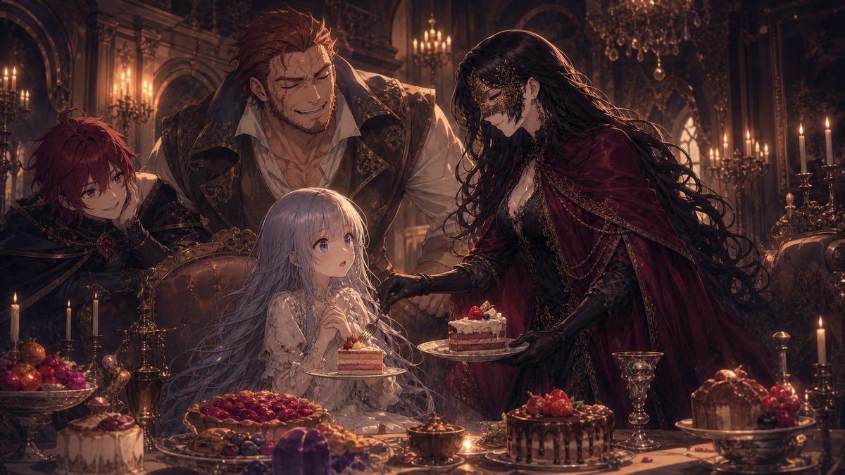 豪華な晩餐で少女にケーキを取り分ける仮面の女公爵と家族のイメージイラスト