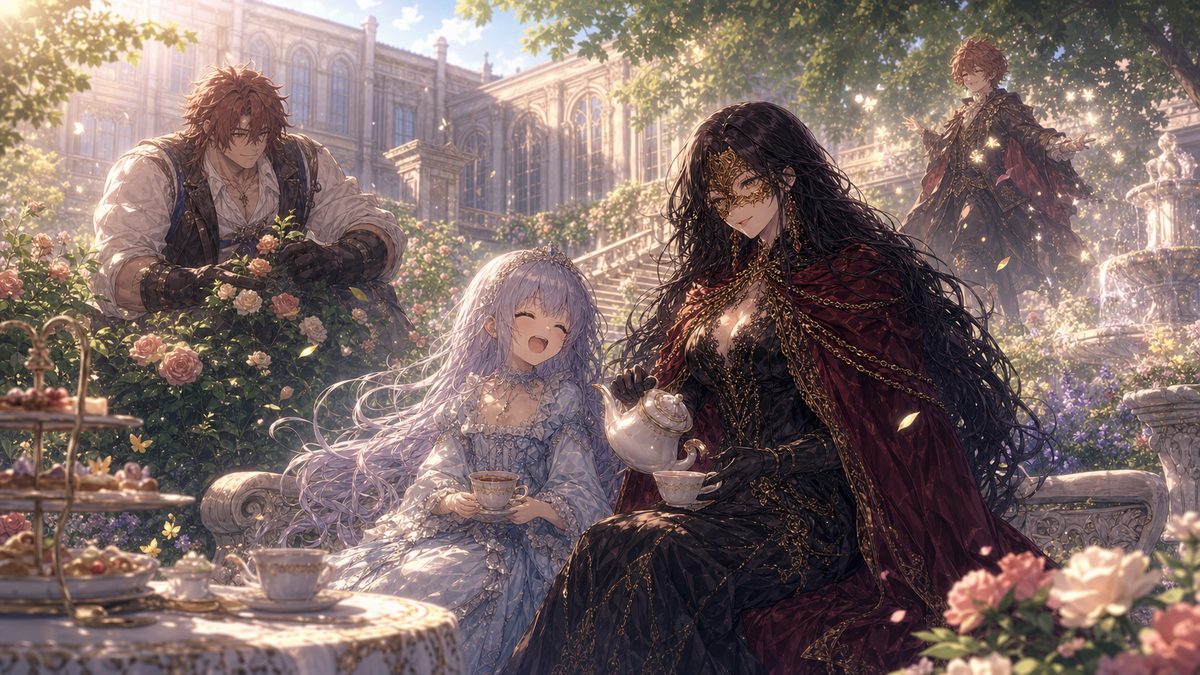 陽だまりの庭園でお茶を楽しむ少女と家族のイメージイラスト