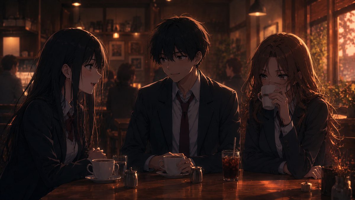 カフェで3人が同席する張り詰めた空気のイメージイラスト