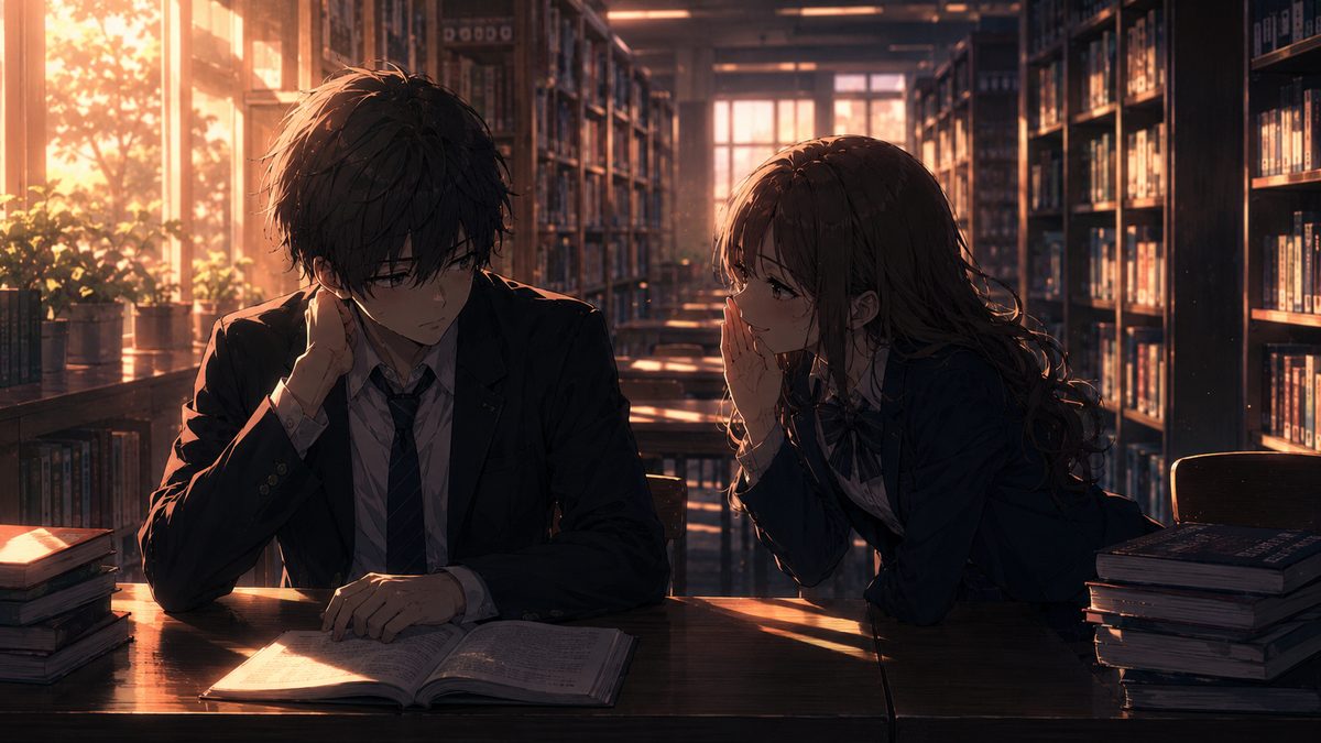 放課後の図書室で内緒話をする2人のイメージイラスト