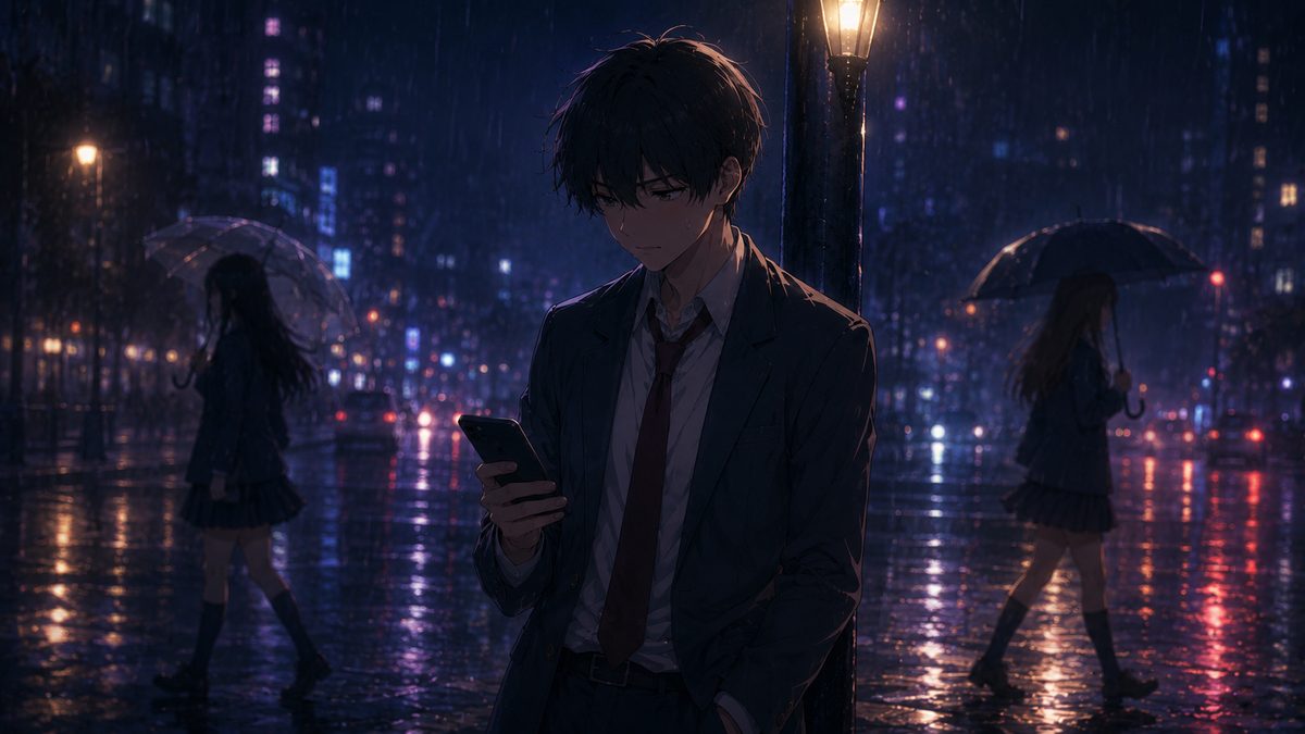 雨の夜道でスマホを見つめる主人公のイメージイラスト