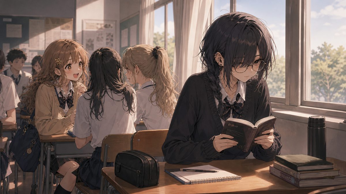 教室で誰にも気づかれず本を読む眼鏡の女子と談笑する女子高生のイメージイラスト