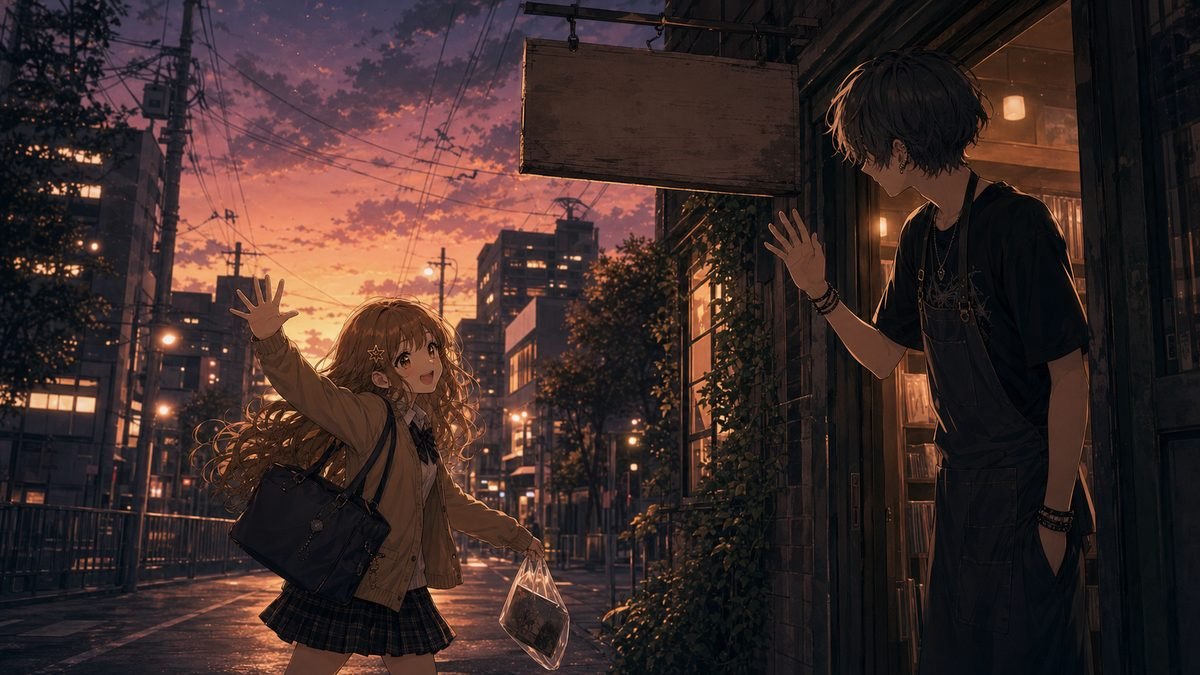 夕暮れのレコードショップの前で手を振り合う二人のイメージイラスト