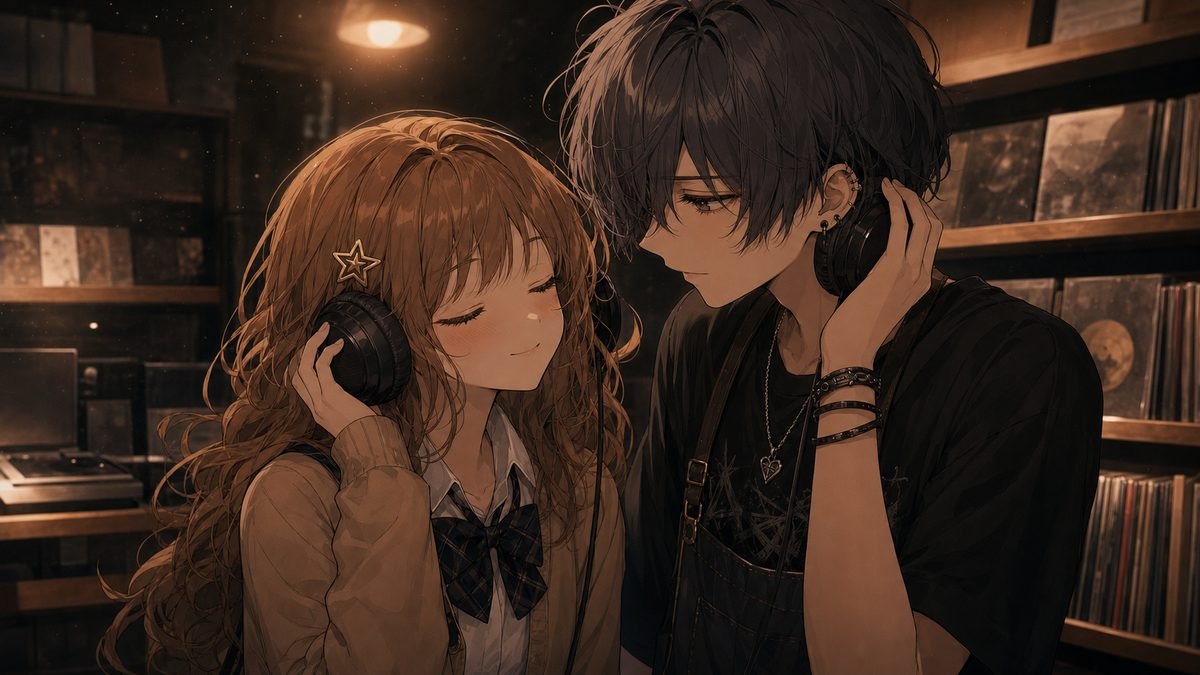 レコードショップでヘッドホンを分け合って音楽を聴く二人のイメージイラスト
