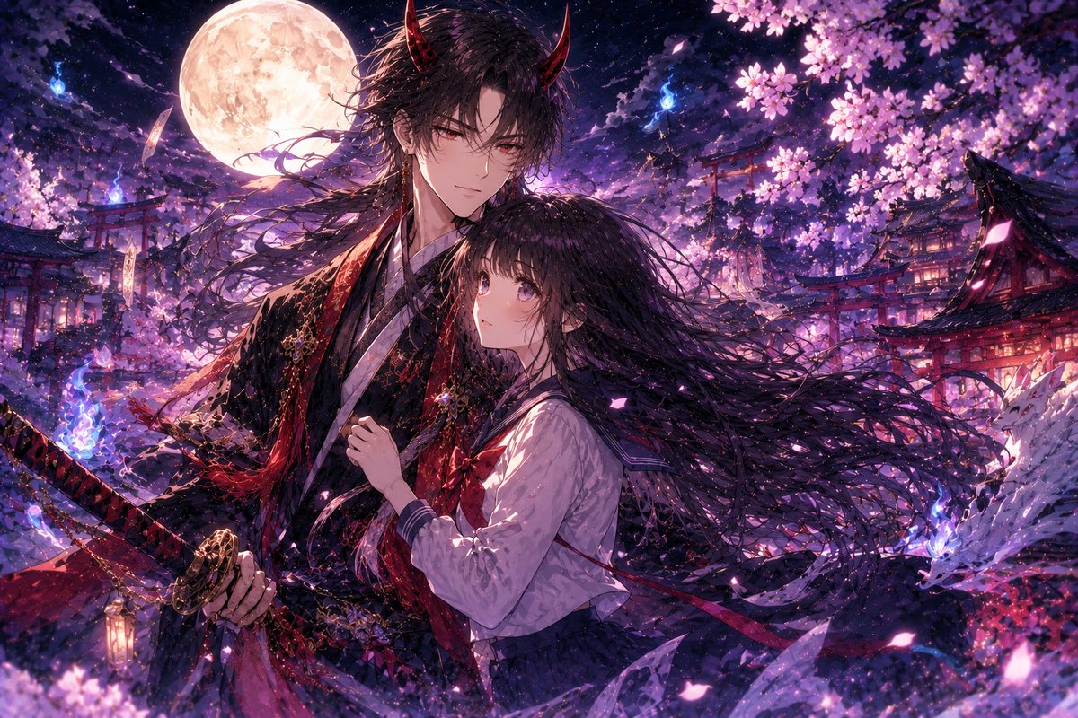 満月の下の柚子と玲夜のキービジュアル