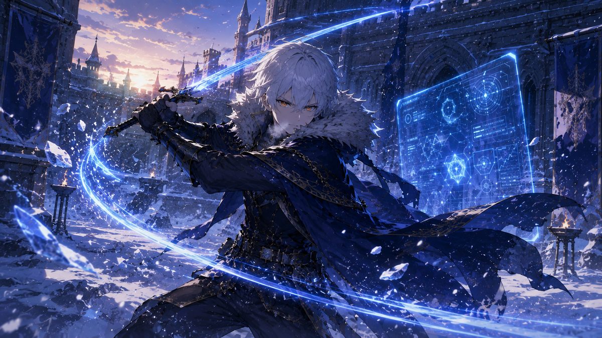 雪の中庭で剣の鍛錬に励む剣士のイメージイラスト