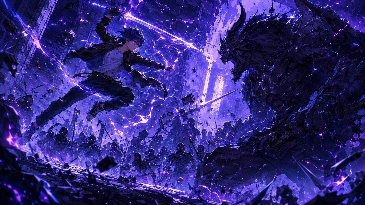 影の軍勢と巨大モンスターとの大決戦のイメージイラスト