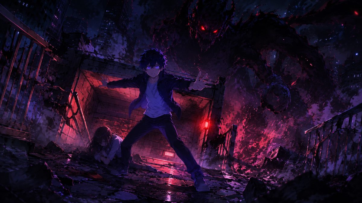 モンスターから人々を守ろうと立ちはだかる青年のイメージイラスト