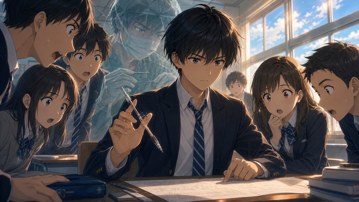 教室で経験者の風格を見せる回帰した主人公のイメージイラスト