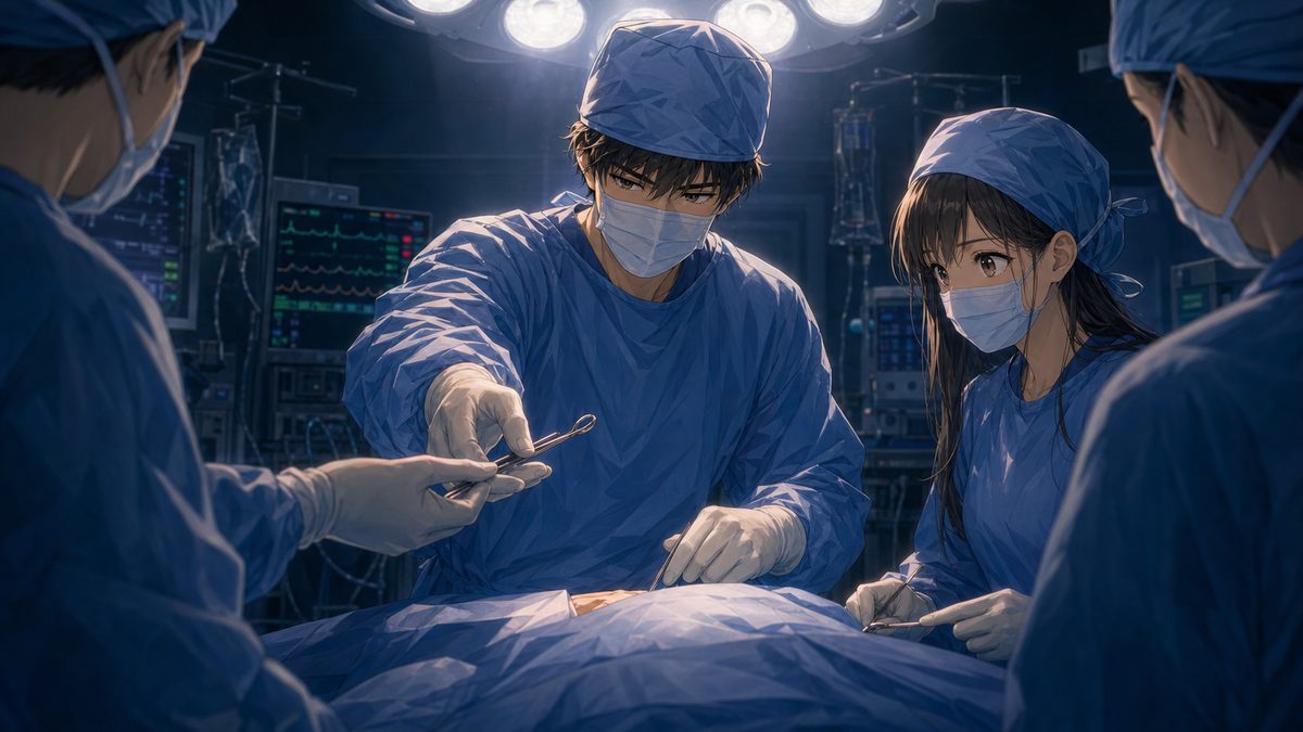手術室で執刀する若き外科医と助手のイメージイラスト