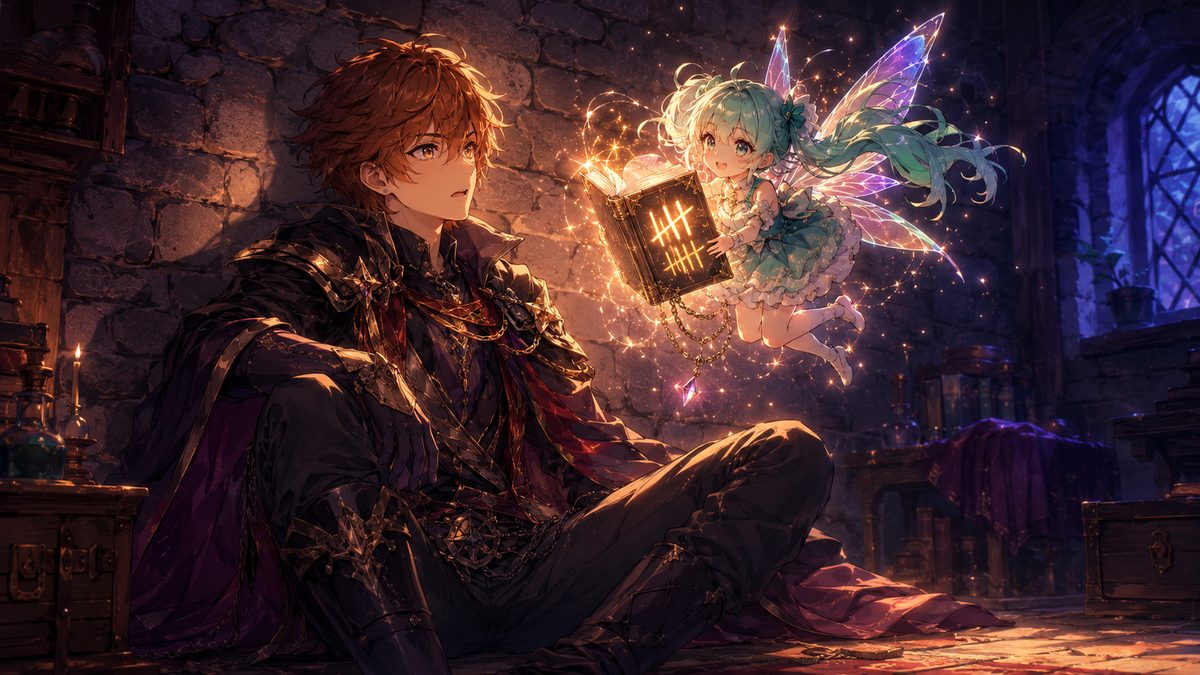 石造りの部屋で魔法の帳簿を持つ妖精と出会う青年のイメージイラスト