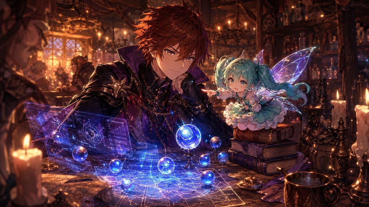 酒場のテーブルで魔力の運用計画を練る青年と妖精のイメージイラスト