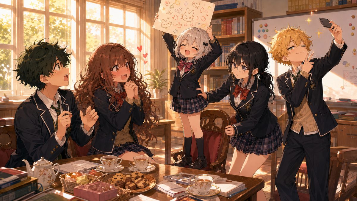 ポスターを掲げる小柄な庶務と見守る会計たち生徒会メンバーのイメージイラスト