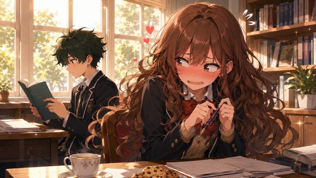 生徒会室で頬を赤らめて主人公を盗み見る会長のイメージイラスト