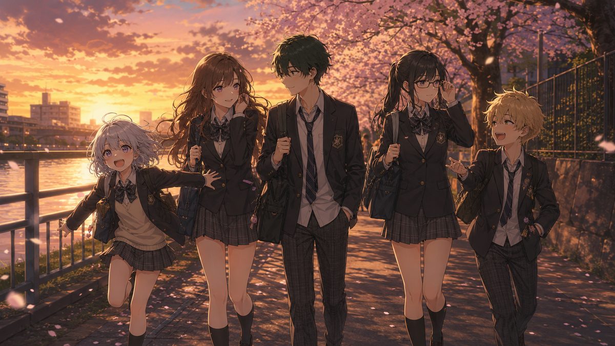 夕焼けの帰り道を歩く生徒会メンバー5人のイメージイラスト