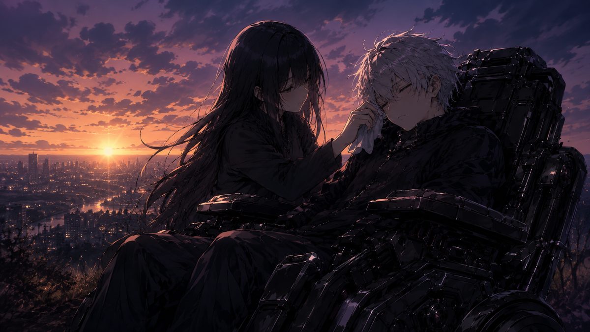 夕暮れの丘で眠る兄の顔を拭う妹のイメージイラスト