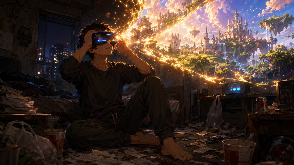 薄暗い部屋でVRヘッドセットを装着しゲーム世界へ入る青年のイメージイラスト
