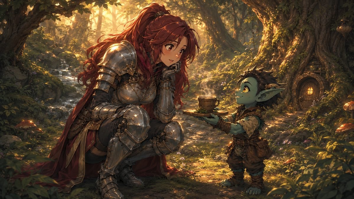 森で小さなゴブリンにお茶を差し出される女騎士のイメージイラスト