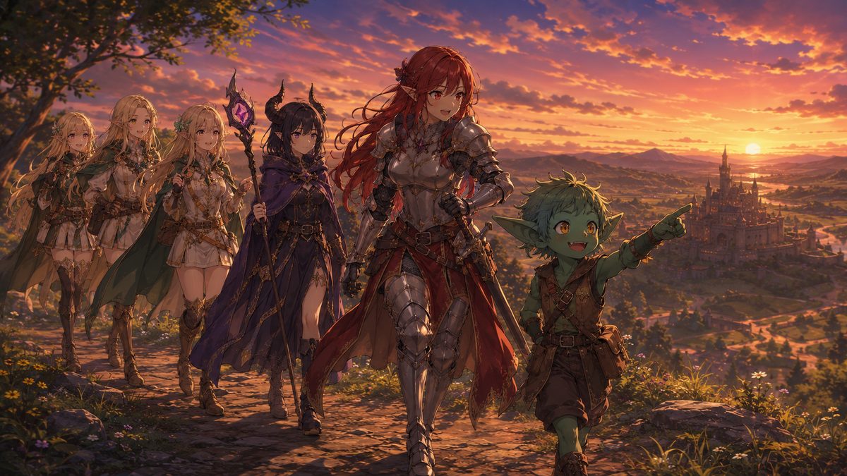 夕焼けの丘を歩くゴブリンと騎士・エルフたち一行のイメージイラスト