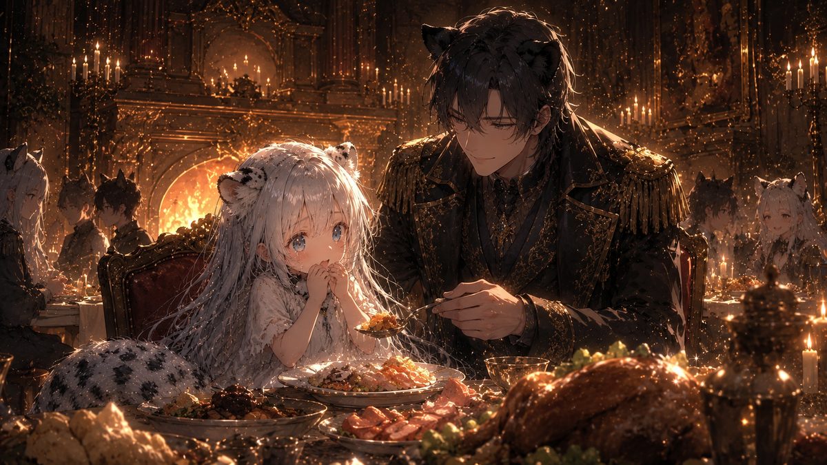 温かい食卓で初めての優しさに涙ぐむ少女のイメージイラスト