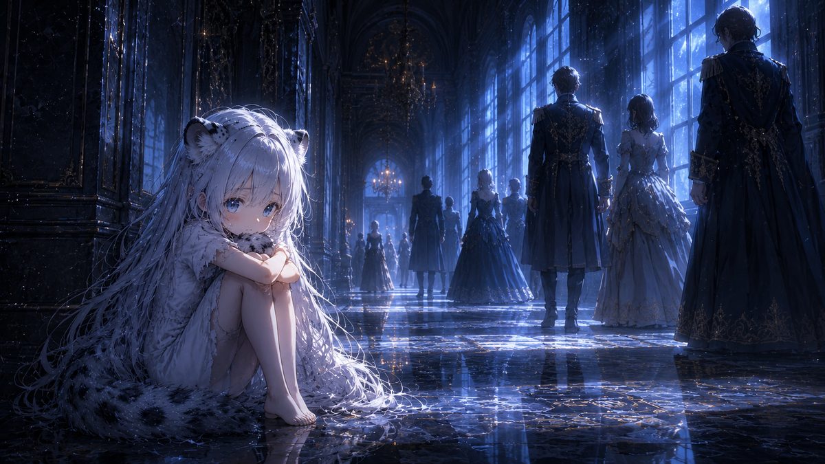 冷たい屋敷の廊下で独り膝を抱える少女のイメージイラスト
