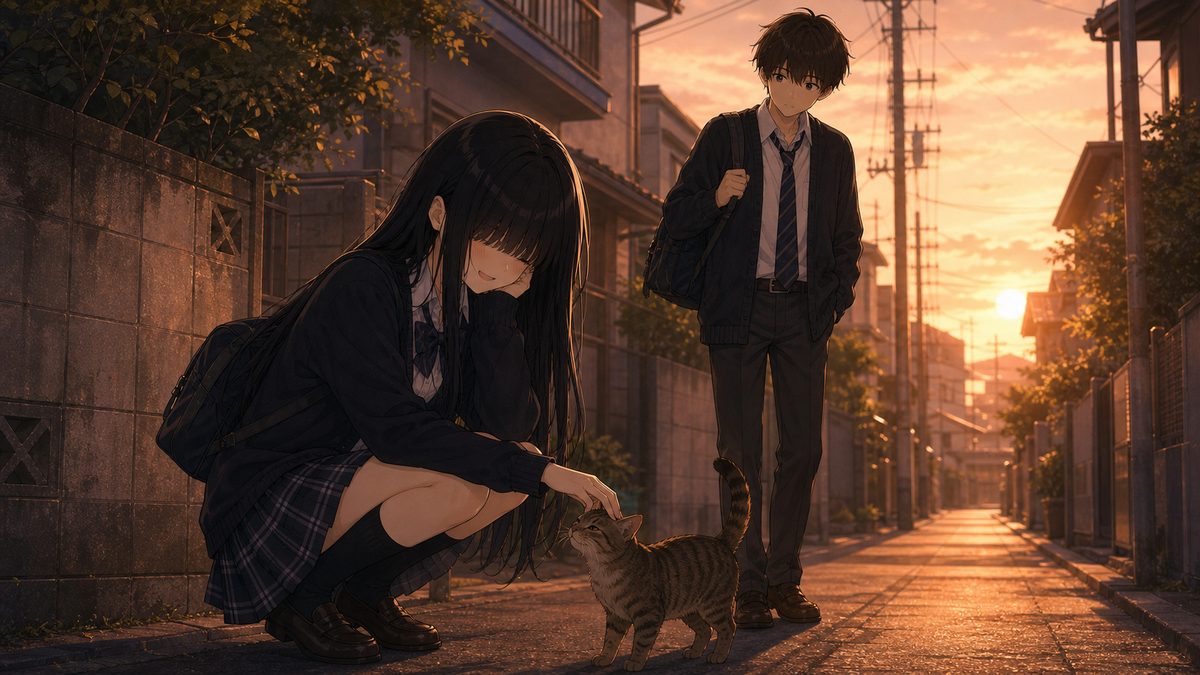 夕暮れの路地で野良猫を撫でて微笑む女子高生と見守る男子のイメージイラスト