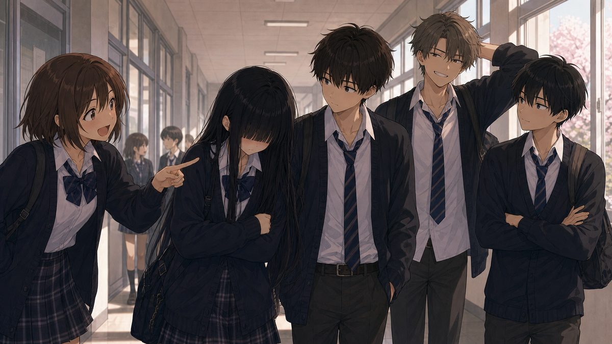 学校の廊下でクラスメイトにからかわれる二人のイメージイラスト