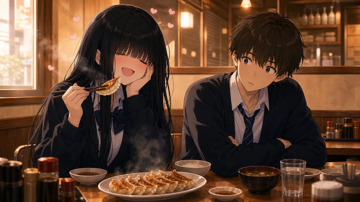 餃子を食べて幸せそうな表情を見せる地雷系女子と驚く男子のイメージイラスト
