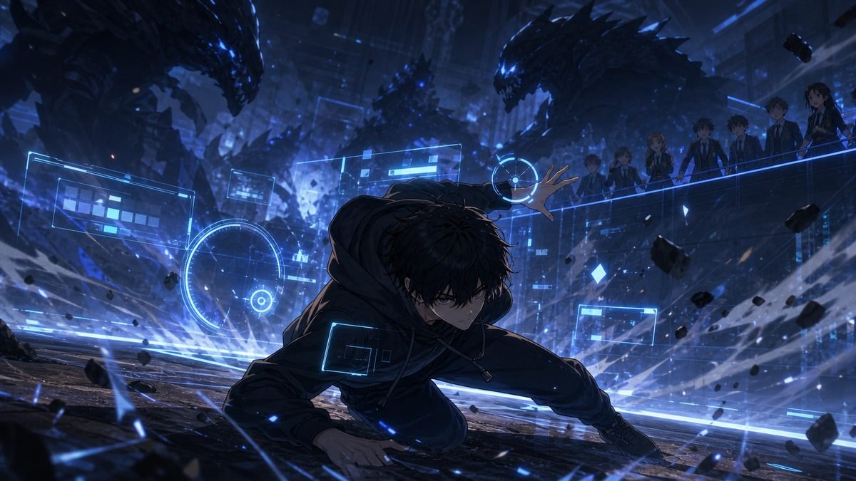 ゲームHUDのような光の中で戦う主人公のイメージ
