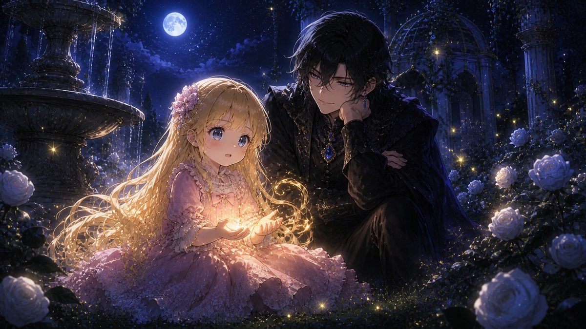 月夜の庭で魔法使いと過ごす場面のイメージ