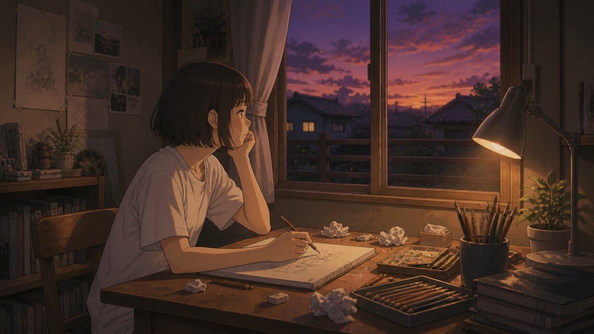 夕暮れの窓辺で描きかけの絵を前に物思いにふける少女のイメージイラスト