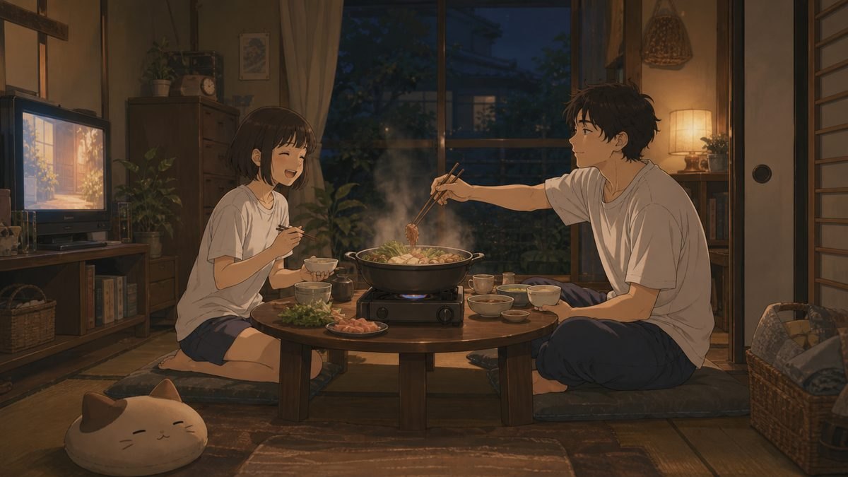 畳の部屋で鍋を囲む従兄妹二人のイメージイラスト