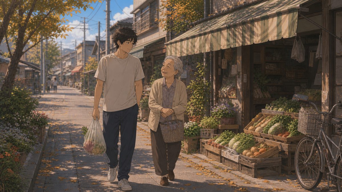 商店街を年配の女性と並んで歩く青年のイメージイラスト